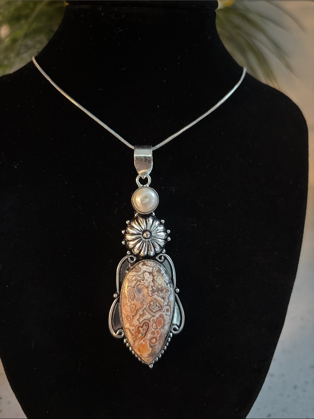 Sterling Silver Floral Crazy Lace Agate Pendant Necklace with Pearl Accent
